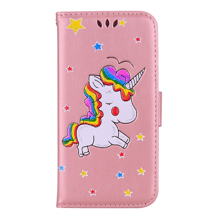 

For Samsung Galaxy A6 Plus (2018) Flash Powder Unicorn Imprint Flower Leather Wallet Phone Cover Shell with Photo Slot - Pink, Galaxy A6+ (2018)