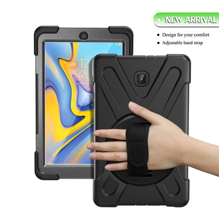 360 Degree Swivel Kickstand PC + Silicone Combo Case with Hand Holder Strap for Samsung Galaxy Tab A 8.0 (2018) T387 - All Black-7