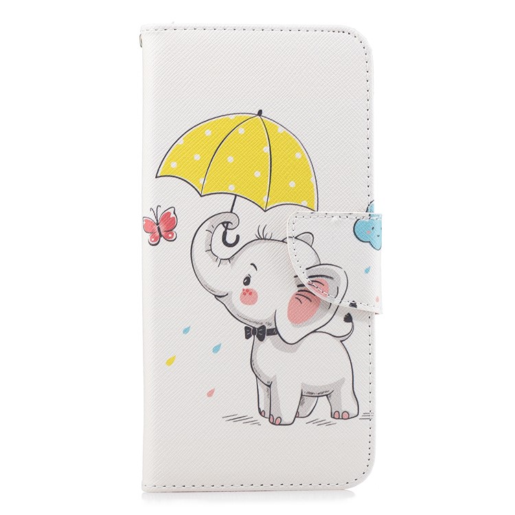 Carteira De Couro Estampada Stand Tampa Do Telefone Para Samsung Galaxy J4 Plus / J4 Prime - Elefante Segurando Um Guarda-chuva-2