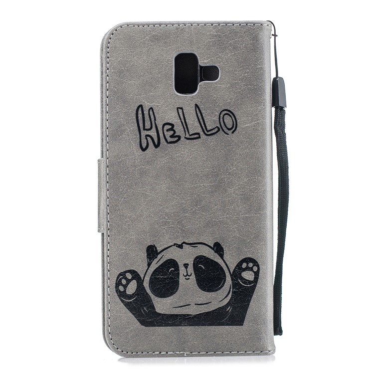 Imprinted Hello Panda PU Leather Case for Samsung Galaxy J6+ / J6 Prime - Grey-3