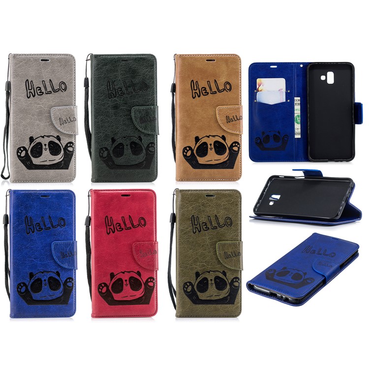 Imprinted Hello Panda PU Leather Case for Samsung Galaxy J6+ / J6 Prime - Grey-9