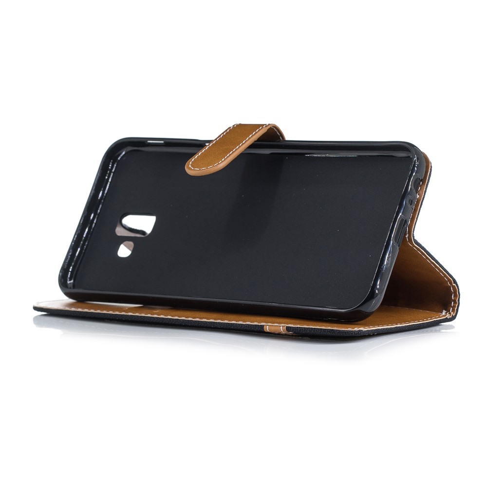 Caja de Flip de Cuero PU de Tela Jean de Dos Tonos Para Samsung Galaxy J6+ / J6 Prime - Negro