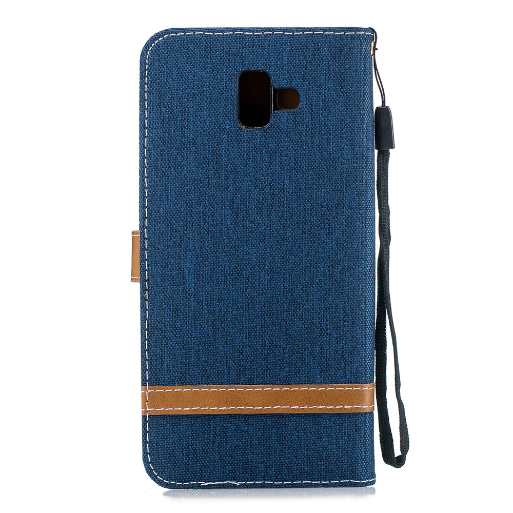 Bi-color Jean Cloth Leather Case Wallet Stand Phone Cover Shell for Samsung Galaxy J6 Plus / J6 Prime - Dark Blue-3
