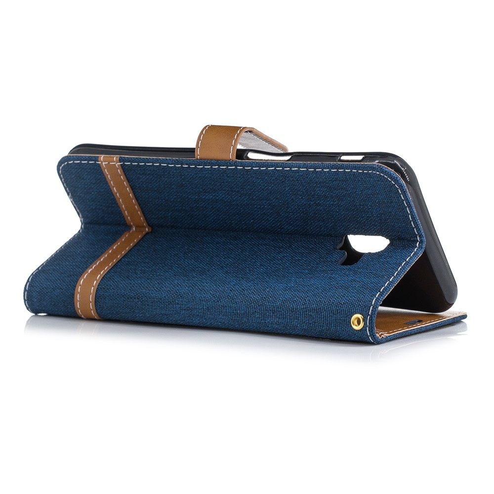 Bi-color Jean Cloth Leather Case Wallet Stand Phone Cover Shell for Samsung Galaxy J6 Plus / J6 Prime - Dark Blue-4