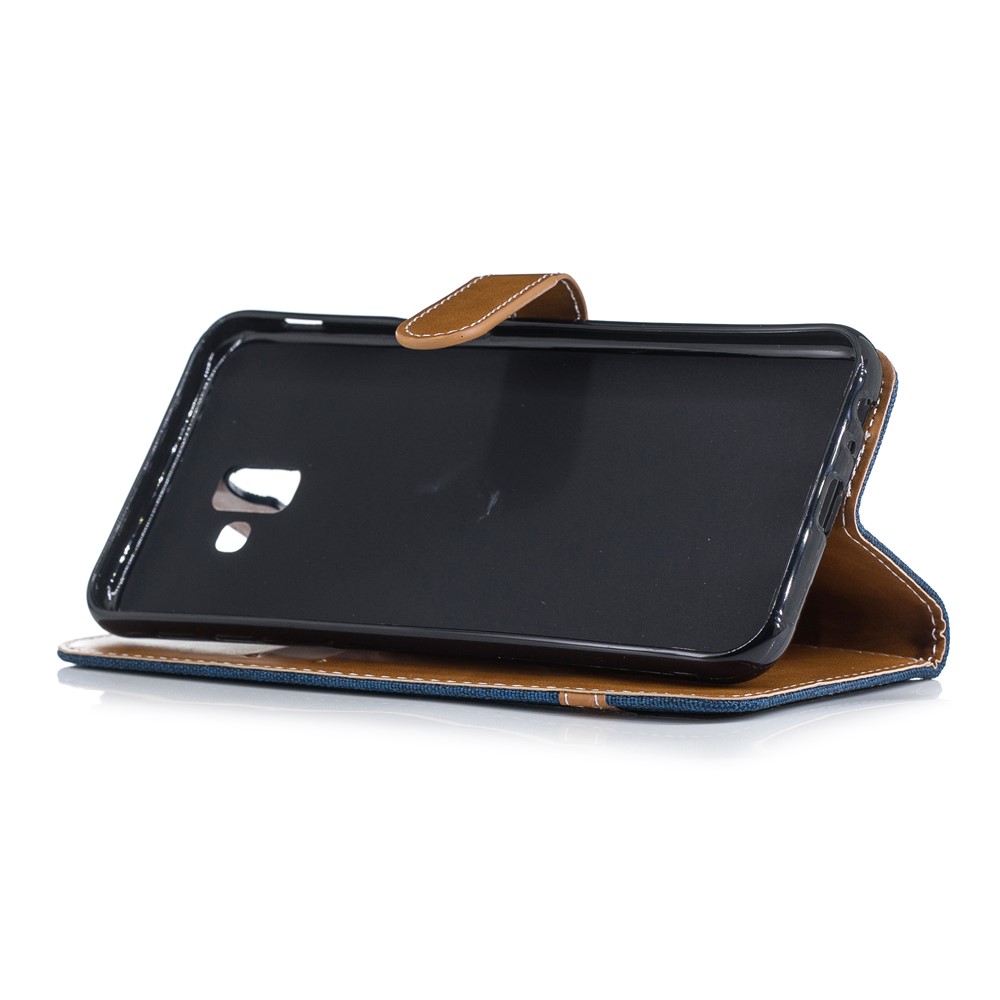 Bi-color Jean Cloth Leather Case Wallet Stand Phone Cover Shell for Samsung Galaxy J6 Plus / J6 Prime - Dark Blue-5