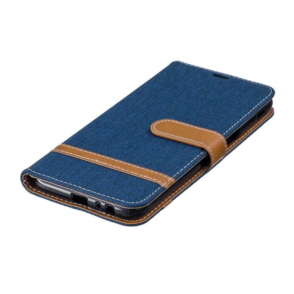 Bi-color Jean Cloth Leather Case Wallet Stand Phone Cover Shell for Samsung Galaxy J6 Plus / J6 Prime - Dark Blue-6