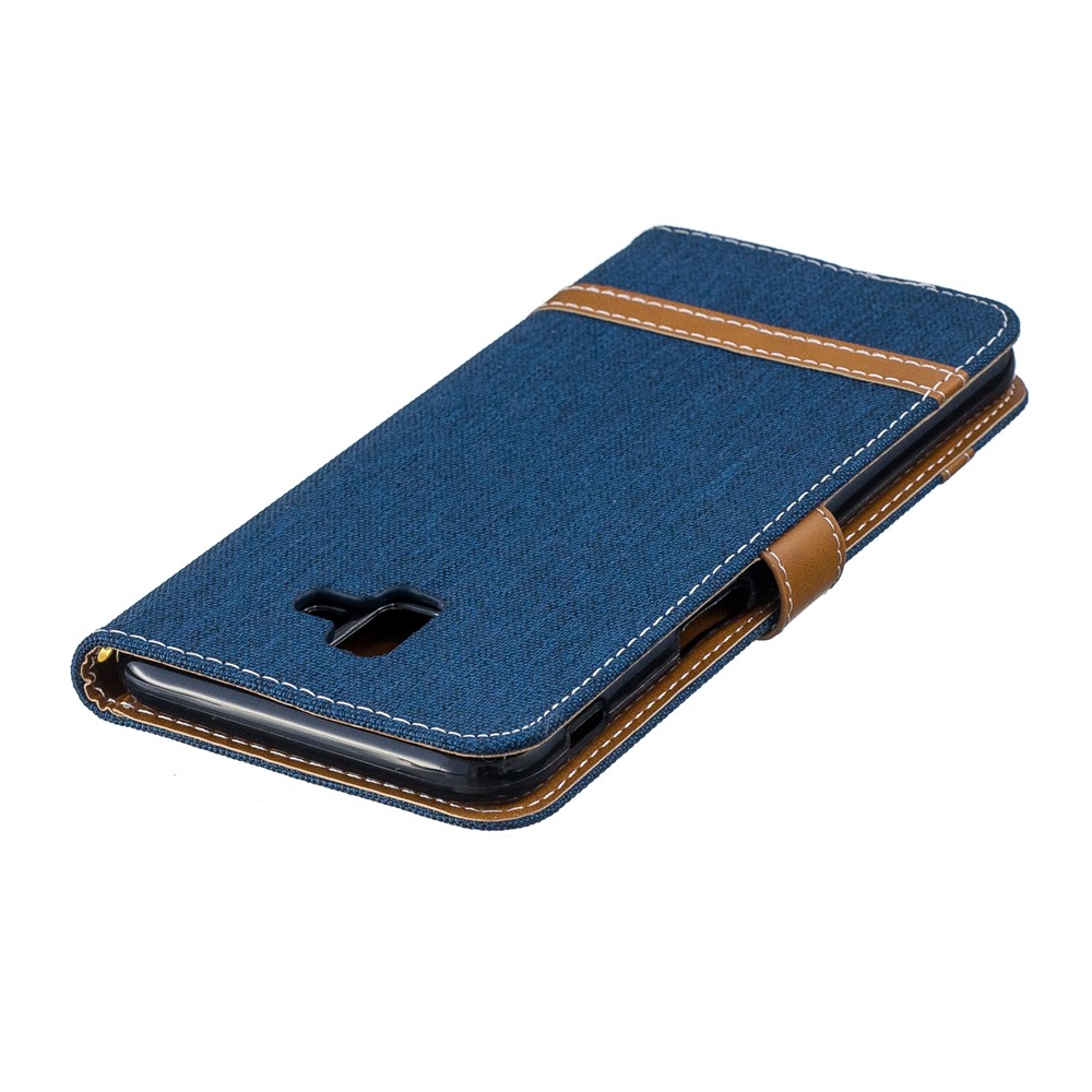 Bi-color Jean Cloth Leather Case Wallet Stand Phone Cover Shell for Samsung Galaxy J6 Plus / J6 Prime - Dark Blue-7