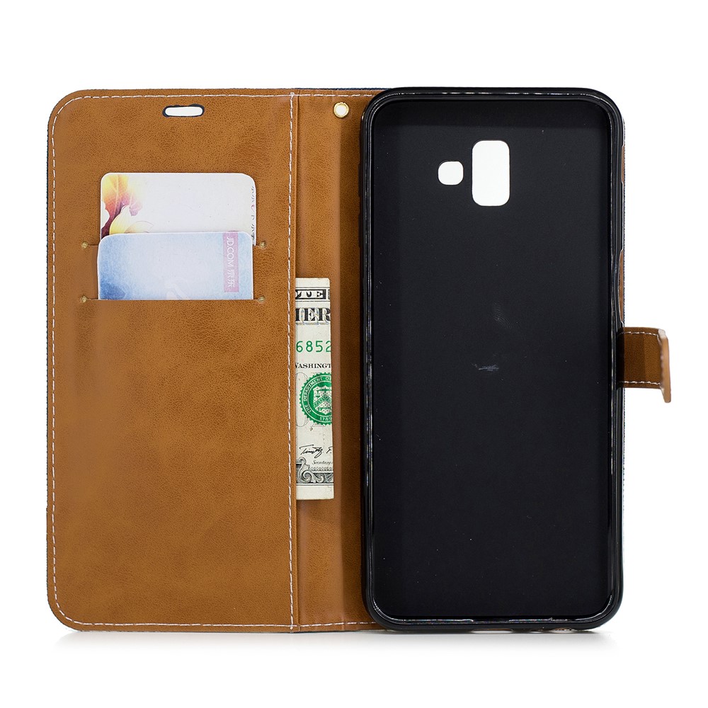 Bi-color Jean Cloth Leather Case Wallet Stand Phone Cover Shell for Samsung Galaxy J6 Plus / J6 Prime - Dark Blue-8