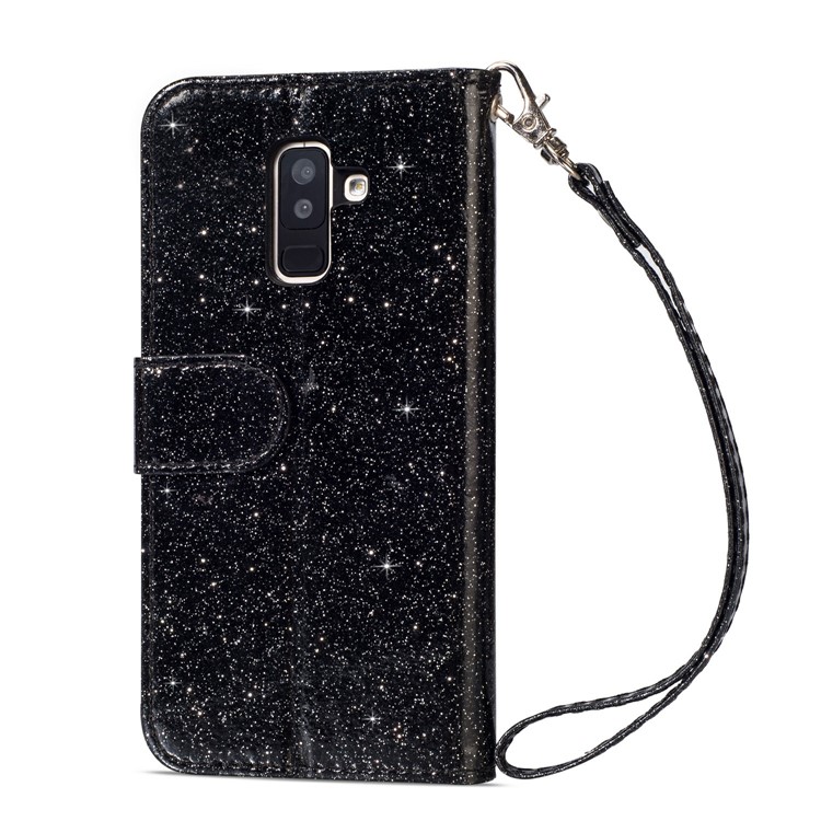 Flash Powder Zippered Stand Leather Wallet Case with Strap for Samsung Galaxy A6+ (2018) / A9 Star Lite - Black-4