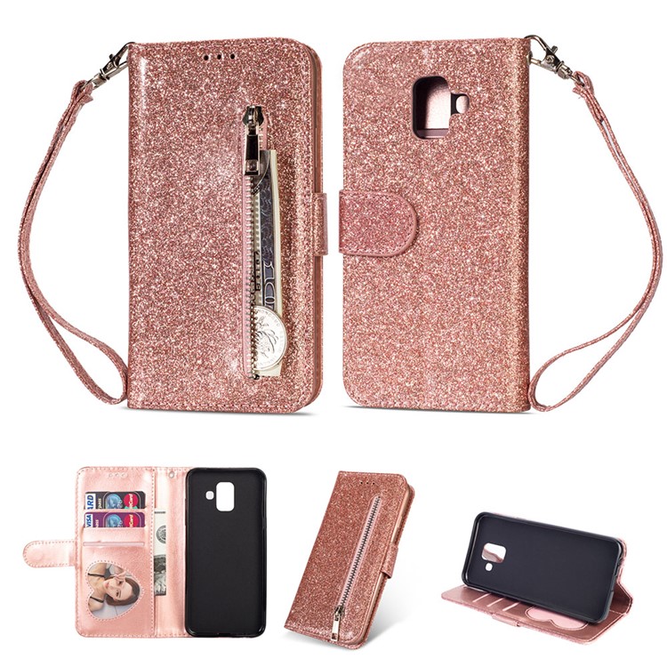 

Flash Powder Zippered Stand Leather Wallet Shell with Strap for Samsung Galaxy J6+ - Rose Gold, Galaxy J6+