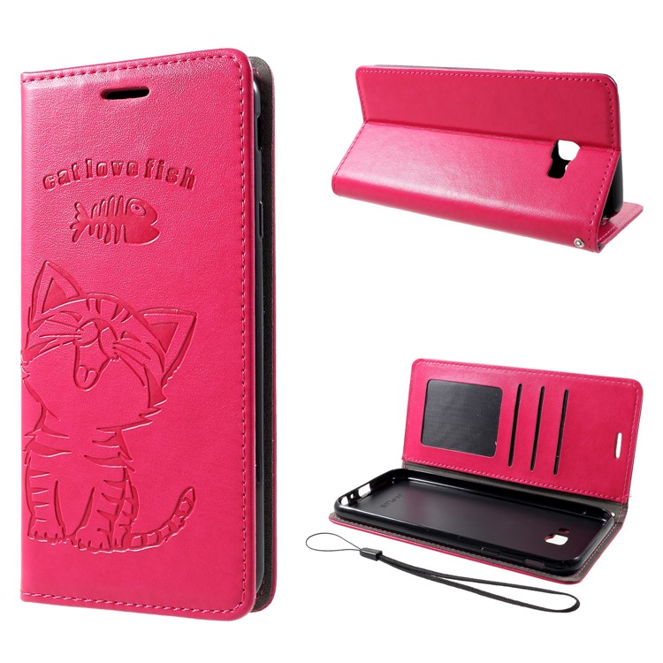 For Samsung Galaxy J4+ Imprint Cat and Fish Bone Wallet Stand Leather Phone Cover - Rose-1