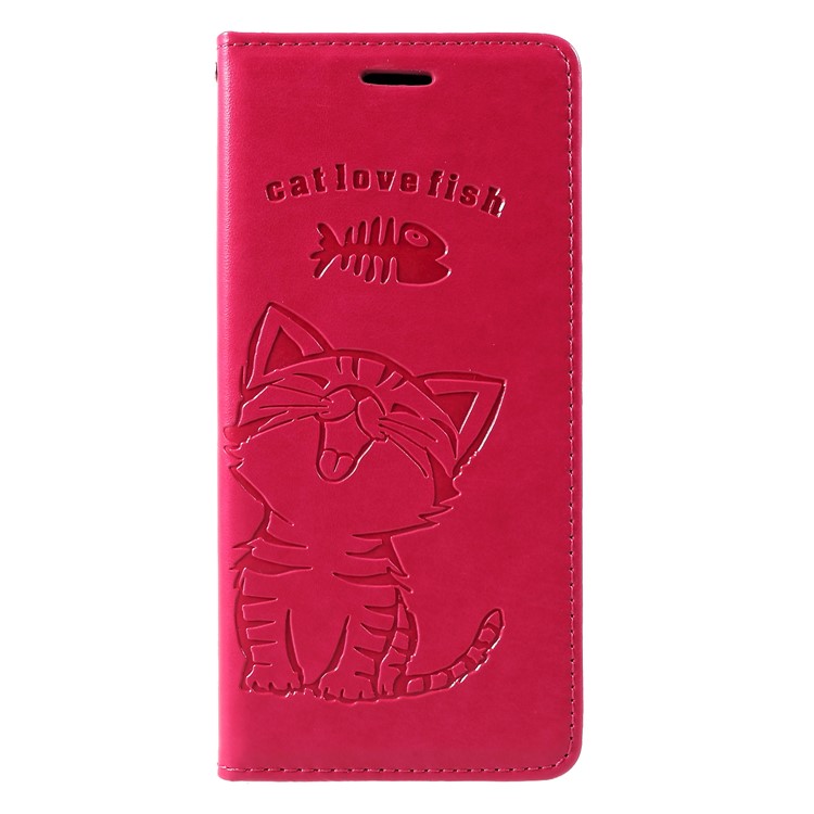 For Samsung Galaxy J4+ Imprint Cat and Fish Bone Wallet Stand Leather Phone Cover - Rose-3