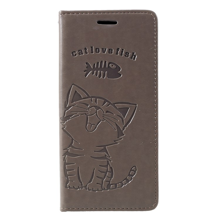 Para Samsung Galaxy J4 + Impressão Cat E Fish Bone Wallet Stand Capa De Telefone De Couro - Cinzento-1
