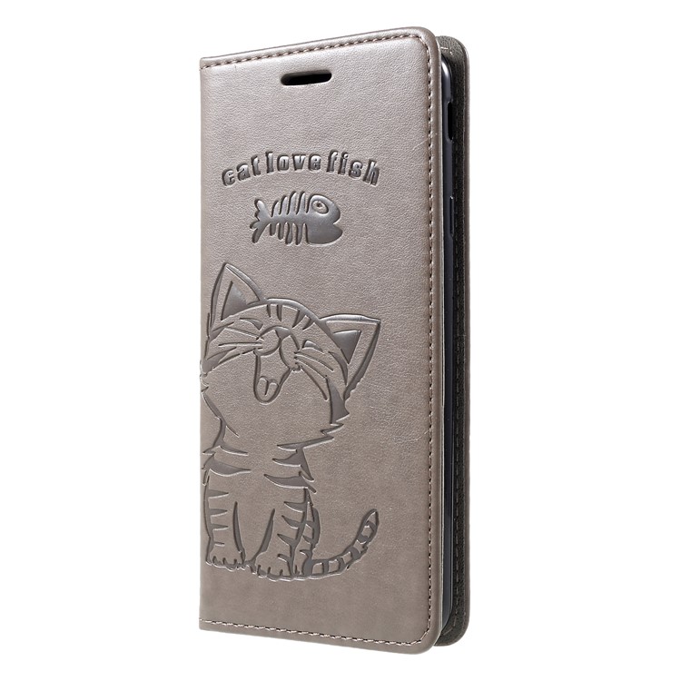 Para Samsung Galaxy J4 + Impressão Cat E Fish Bone Wallet Stand Capa De Telefone De Couro - Cinzento-3