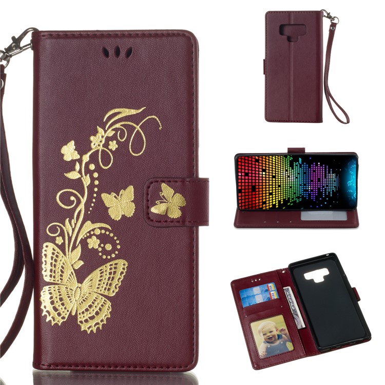 

Lacquered Butterfly Leather Wallet Casing with Strap for Samsung Galaxy Note9 N960 - Wine Red, Galaxy Note9