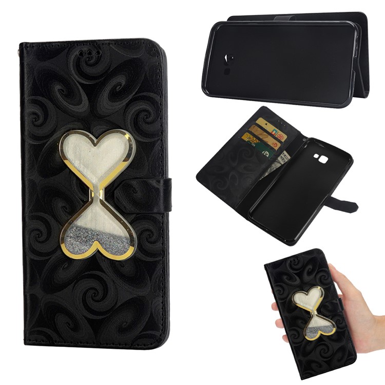 Glitter Powder Quicksand Double-heart Hourglass Leather Case for Samsung Galaxy J4+ / J4 Prime - Black-1