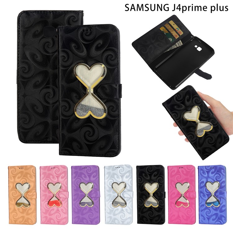 Glitter Powder Quicksand Double-heart Hourglass Leather Case for Samsung Galaxy J4+ / J4 Prime - Black-8