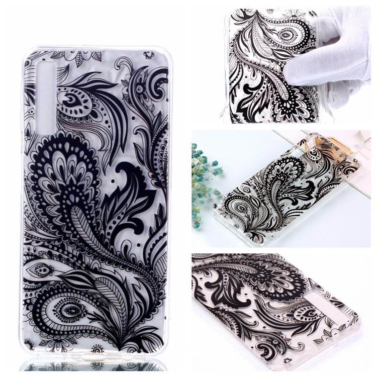 Embossed Pattern 3D Diamond Texture TPU Cover for Samsung Galaxy A7 (2018) A750 - Black Flower-1