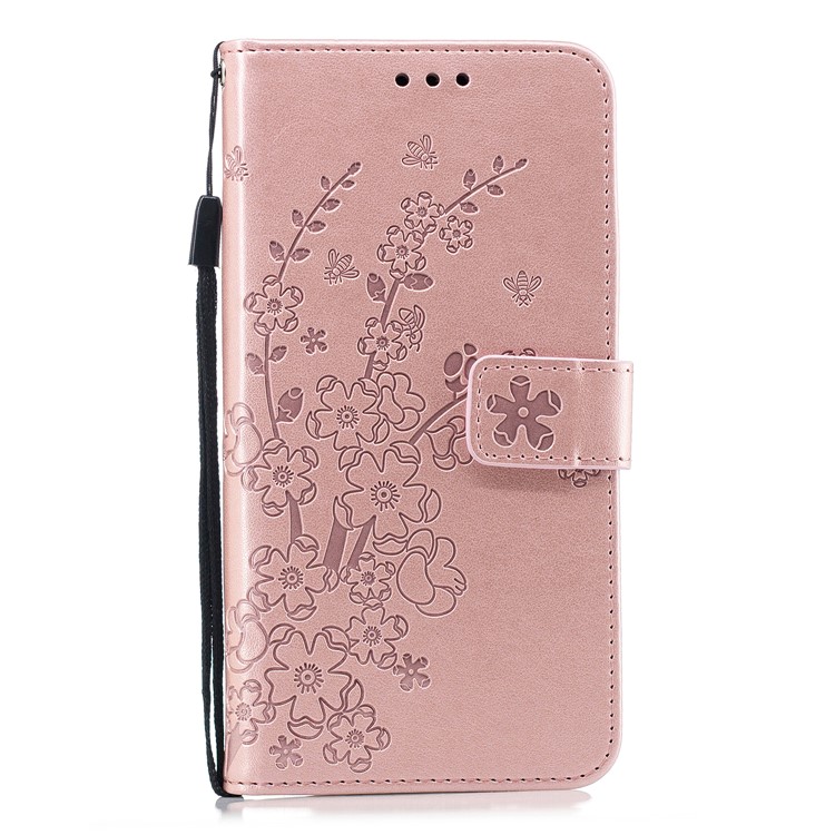 Imprinted Plum Blossom PU Leather Wallet Case for Samsung Galaxy J6 Plus - Rose Gold-1