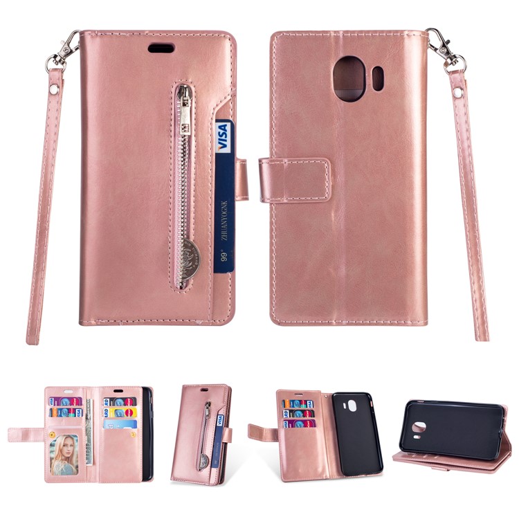 

Zippered Leather Magnetic Stand Wallet TPU Back Casing with Strap for Samsung Galaxy J4 (2018) - Rose Gold, Galaxy J4 (2018)