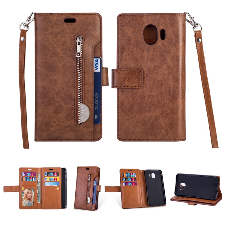

Zippered Leather Magnetic Stand Wallet TPU Cellphone Shell with Strap for Samsung Galaxy J4 (2018) - Brown, Galaxy J4 (2018)
