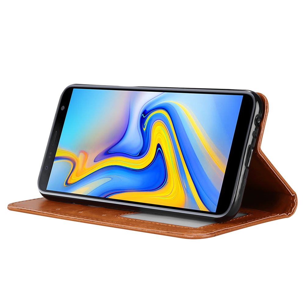 PU Couro Auto-absorção De Suporte De Suporte De Suporte Para Samsung Galaxy J6 + / J6 Prime - Castanho