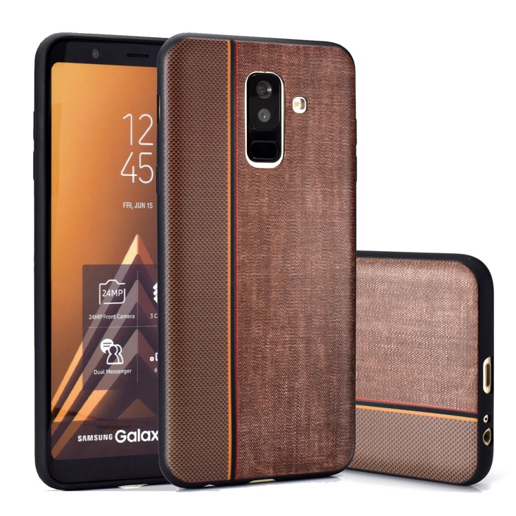 Funda De TPU Con Textura De Empalme De Tela De Jeans Para Samsung Galaxy A6 + (2018) / A9 Estrella Lite - Café-1