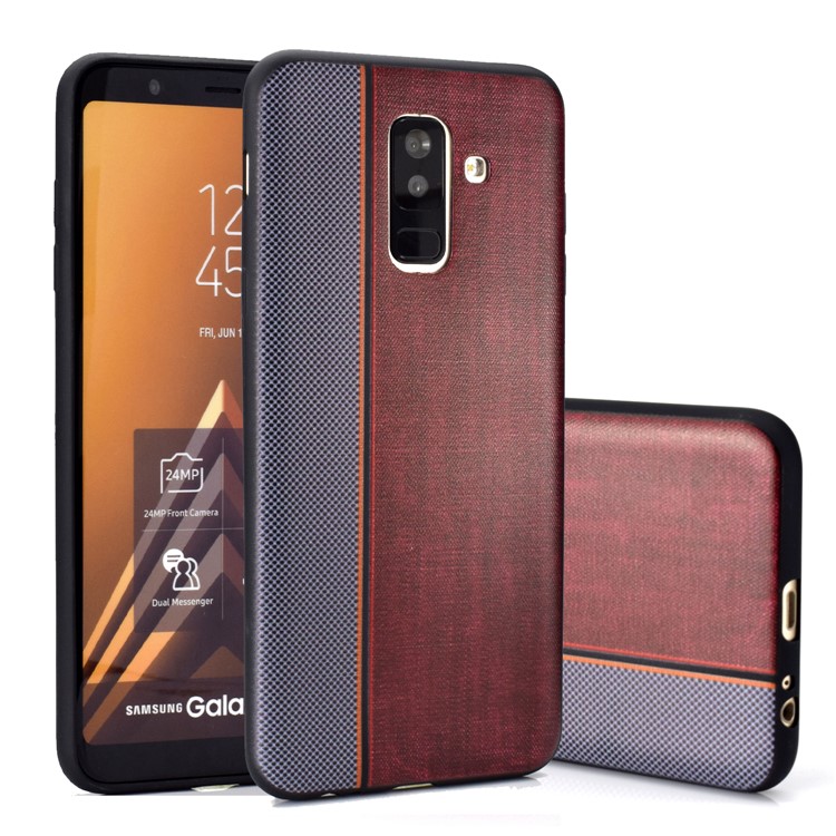 Funda De TPU Con Textura De Empalme De Tela De Jeans Para Samsung Galaxy A6 + (2018) / A9 Estrella Lite - Gris Marrón-1
