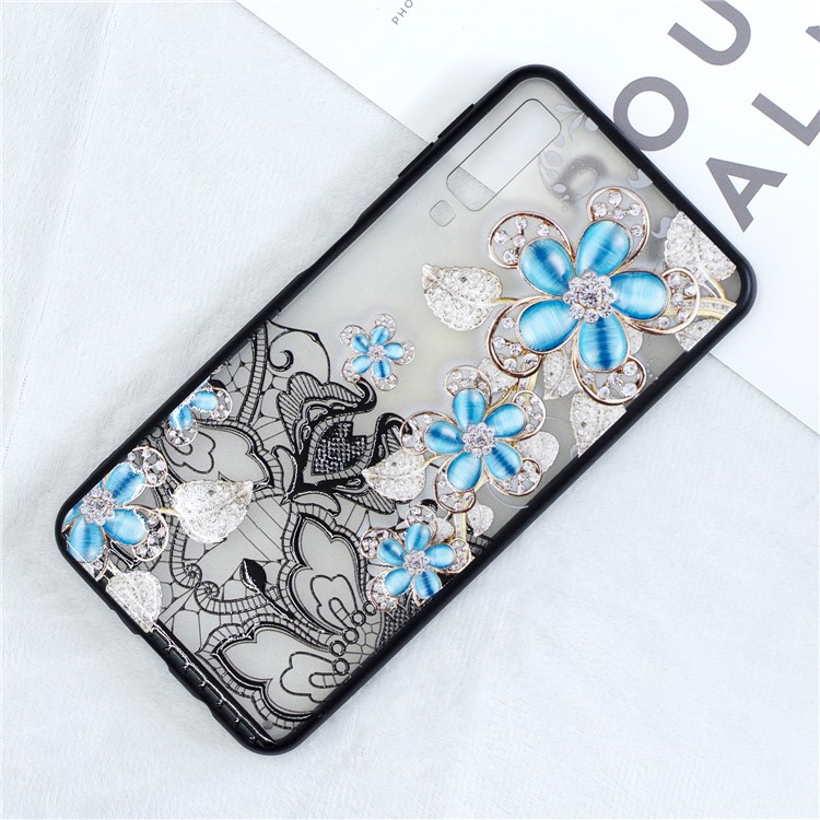 3D Rhinestone Decor TPU Phone Cover Black Lace Style for Samsung Galaxy A7 (2018) - Blue Flower-4