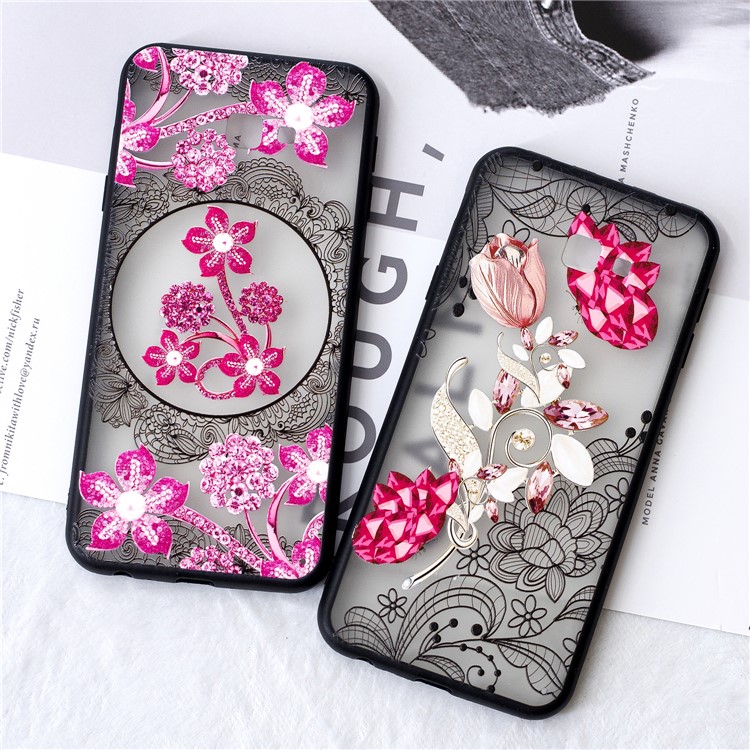 Lace Pattern Printing 3D Rhinestone Flower PC TPU Combo Mobile Phone Case for Samsung Galaxy J4+ - Vivid Flower-5