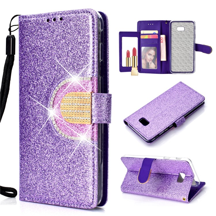Glitter Pó Strass Decoração Carteira De Couro Caso De Celular Com Espelho Para Samsung Galaxy J4 Plus / J4 Prime J415 - Roxa-1