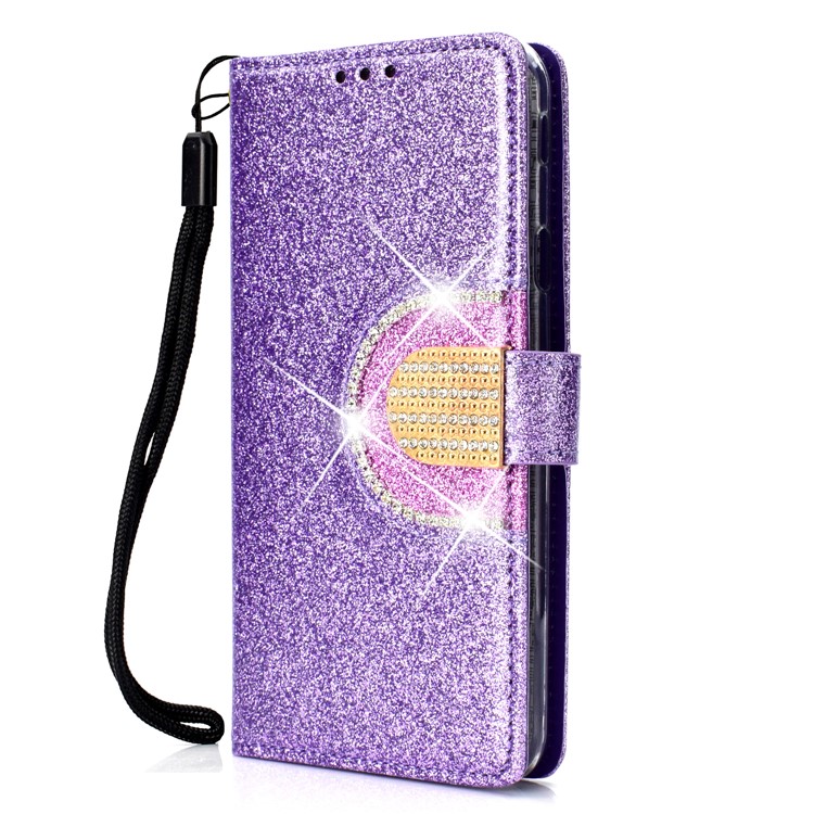 Glitter Pó Strass Decoração Carteira De Couro Caso De Celular Com Espelho Para Samsung Galaxy J4 Plus / J4 Prime J415 - Roxa-3