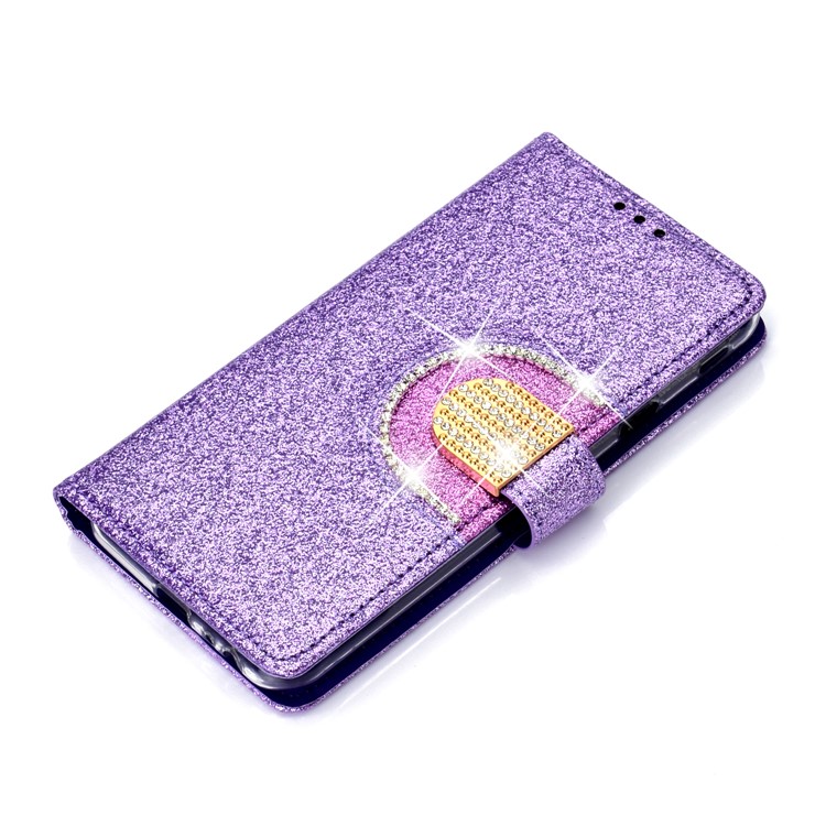Glitter Pó Strass Decoração Carteira De Couro Caso De Celular Com Espelho Para Samsung Galaxy J4 Plus / J4 Prime J415 - Roxa-9