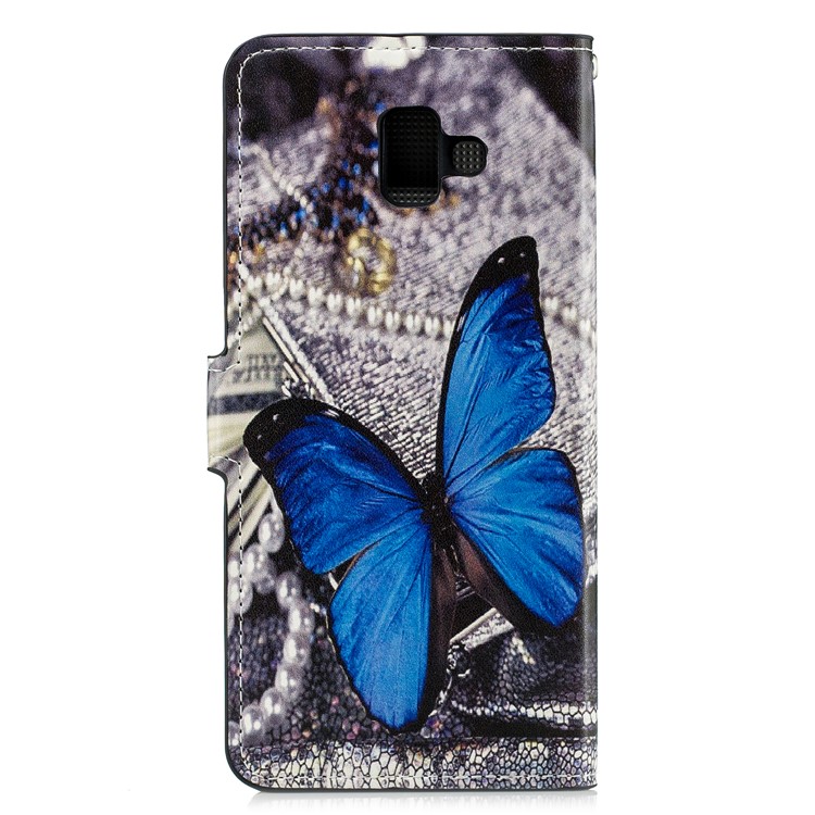 Pattern Printing Leather Magnetic Wallet Stand Folio Cellphone Shell for Samsung Galaxy J6 Plus - Blue Butterfly-2