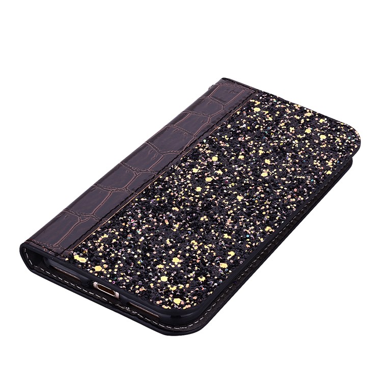 Crocodile Texture Glittery Sequins Splicing PU Leather Auto-absorbed Card Slot Case for Samsung Galaxy J6+ - Black-6