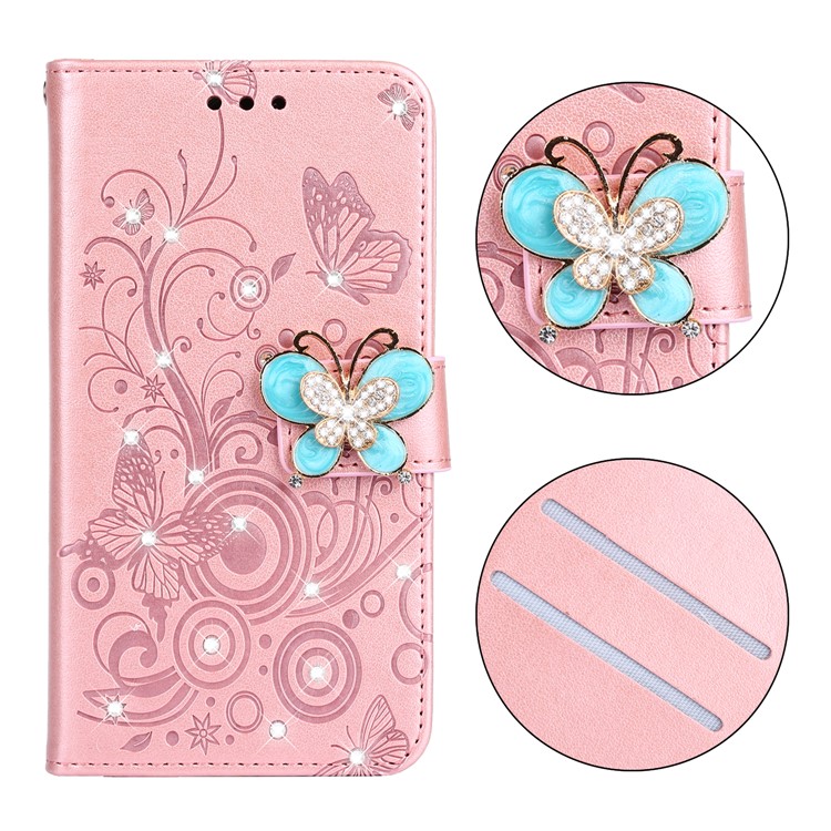 Estuche De Billetera De Cuero Con Estampado De Flores Y Diamantes De Imitación De Mariposa Para Samsung Galaxy J6 + - Oro Rosa-1