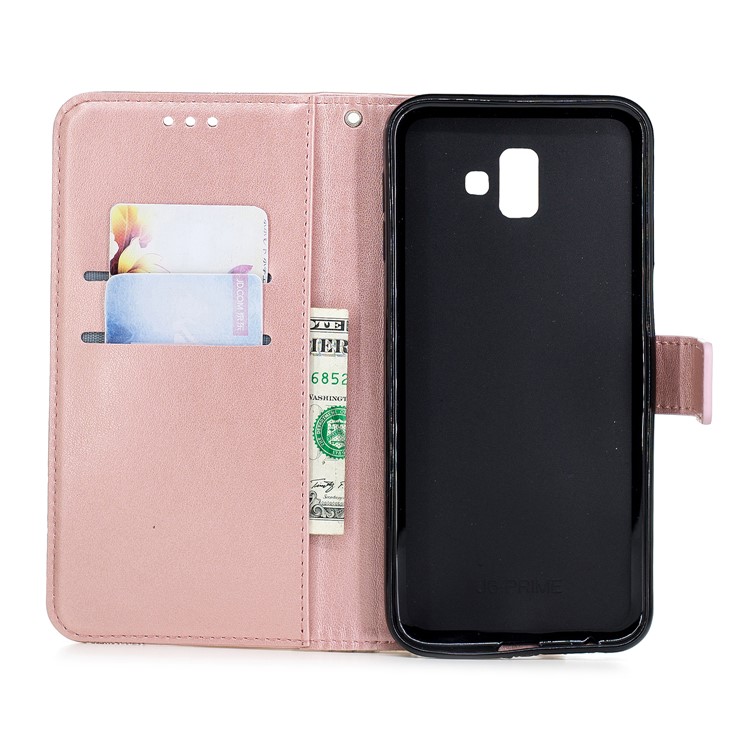 Estuche De Billetera De Cuero Con Estampado De Flores Y Diamantes De Imitación De Mariposa Para Samsung Galaxy J6 + - Oro Rosa-6