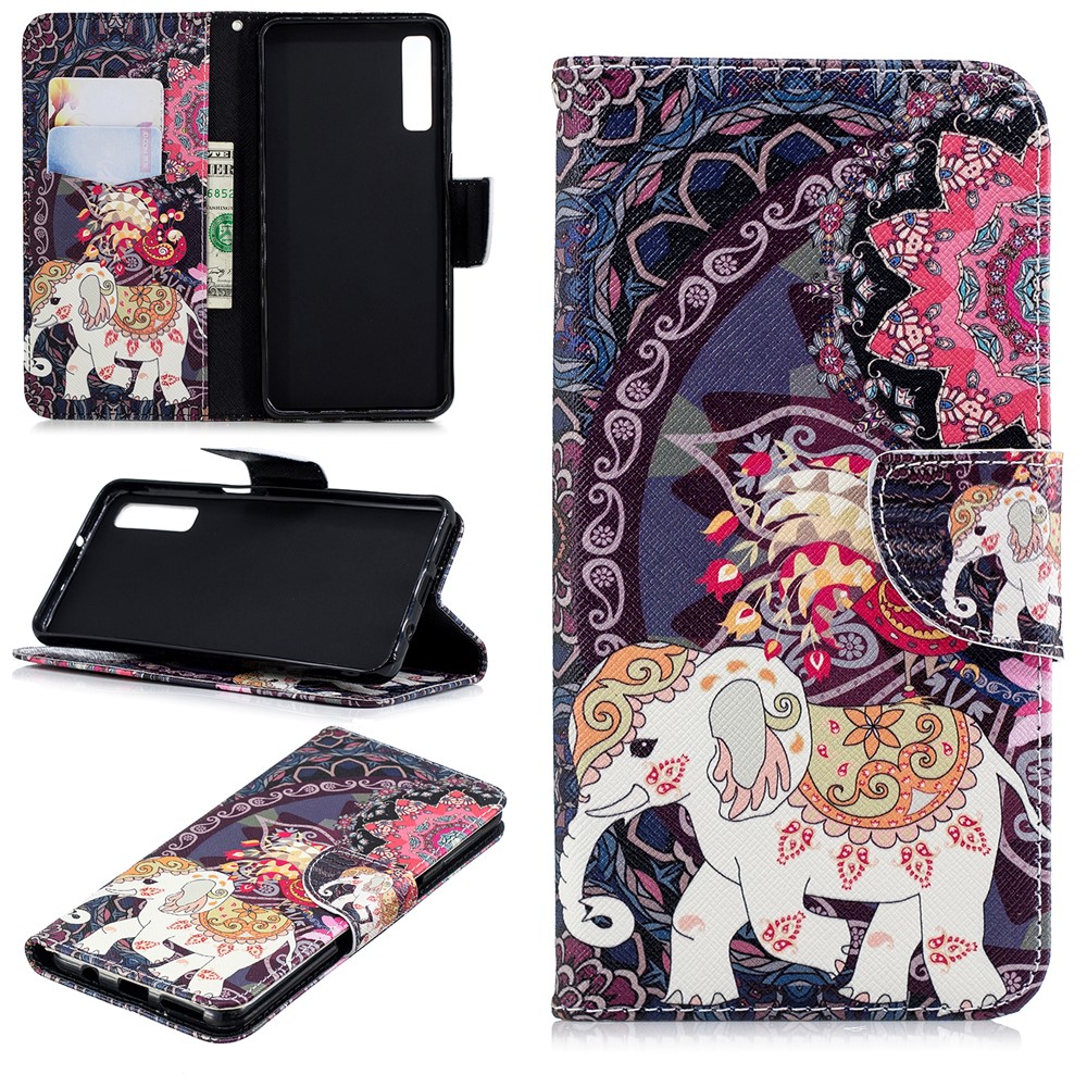 Pattern Printing Wallet Case de Cuero Para Samsung Galaxy A7 (2018) A750 - Elefante y Pavo Real