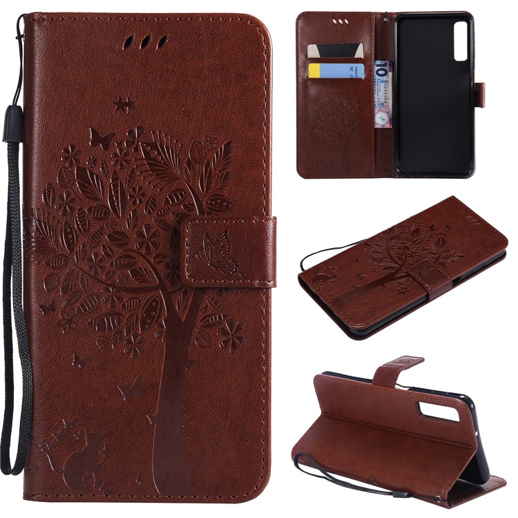 

Imprint Cat and Tree Wallet Stand PU Leather Accessory Cover with Lanyard for Samsung Galaxy A7 (2018) A750 - Brown, Galaxy A7 (2018)