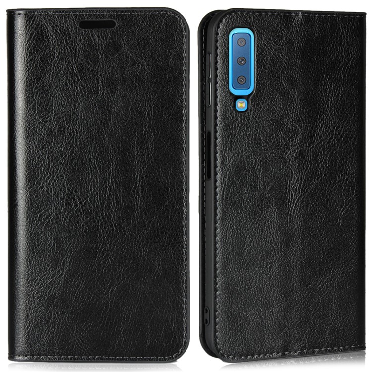 Crazy Horse Texture Genuine Leather Wallet Stand Mobile Cover for Samsung Galaxy A7 (2018) - Black-1