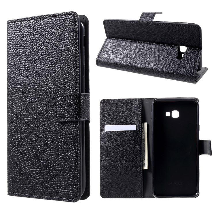 Litchi Texture PU Leather Stand Wallet Flip Cover for Samsung Galaxy J4+ - Black-1