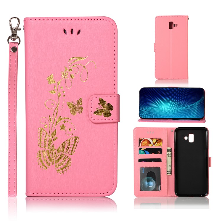 

[Lacquered Butterfly] Leather Stand Cover with Strap for Samsung Galaxy J6 Plus J610 / J6 Prime - Pink, Galaxy J6+
