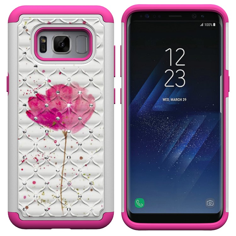 Pattern Printing Rhinestone Decor PC TPU Combo Case for Samsung Galaxy S8 SM-G950 - Pink Flower-1