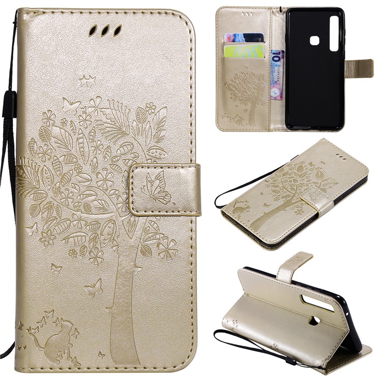 

Imprint Cat and Tree Wallet Leather Protection Cover for Samsung Galaxy A9 (2018) / A9 Star Pro / A9s - Gold, Galaxy A9 (2018)