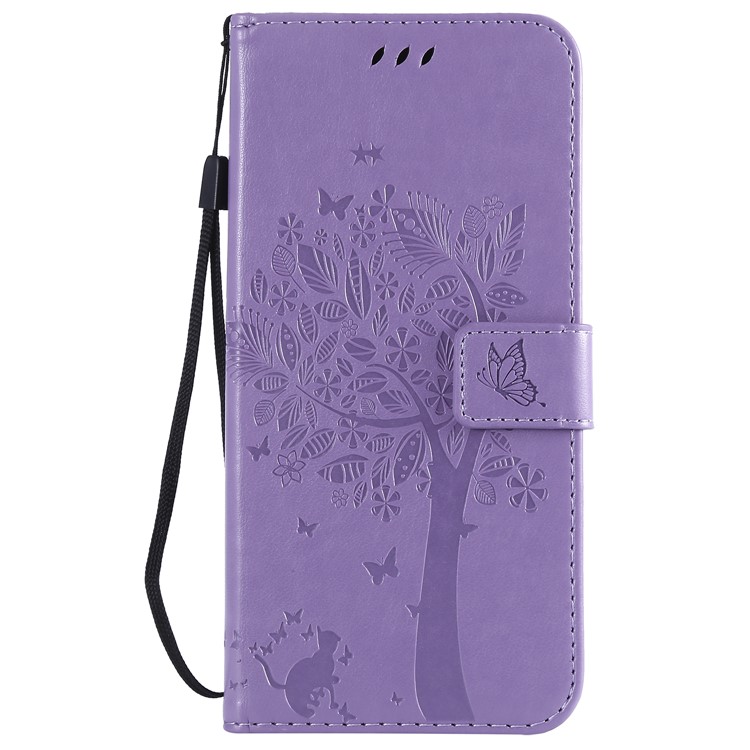 Imprint Cat and Tree Wallet Leather Phone Accessory Case for Samsung Galaxy A9 (2018) / A9 Star Pro / A9s - Light Purple-2