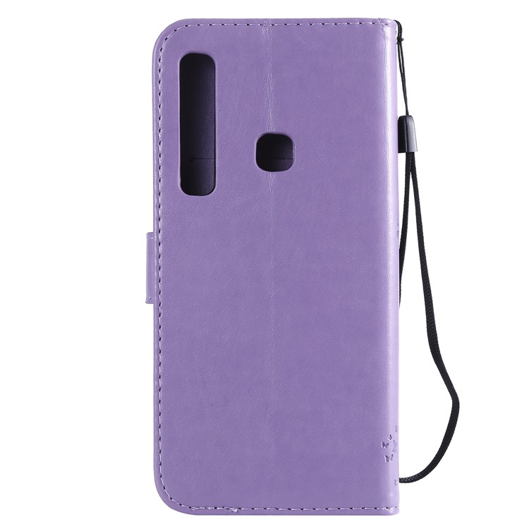 Imprint Cat and Tree Wallet Leather Phone Accessory Case for Samsung Galaxy A9 (2018) / A9 Star Pro / A9s - Light Purple-3
