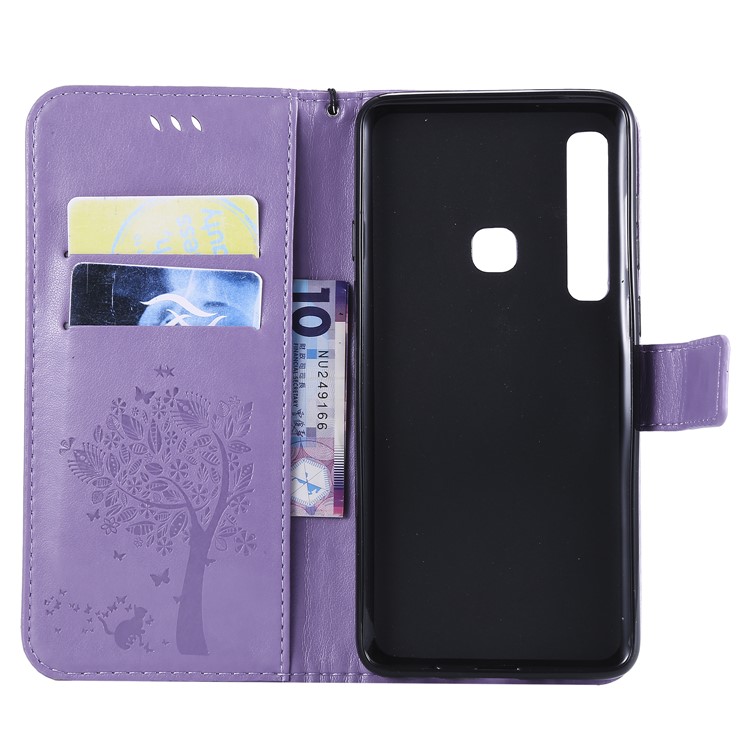 Imprint Cat and Tree Wallet Leather Phone Accessory Case for Samsung Galaxy A9 (2018) / A9 Star Pro / A9s - Light Purple-4