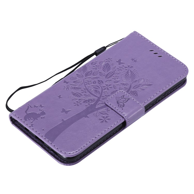 Imprint Cat and Tree Wallet Leather Phone Accessory Case for Samsung Galaxy A9 (2018) / A9 Star Pro / A9s - Light Purple-5