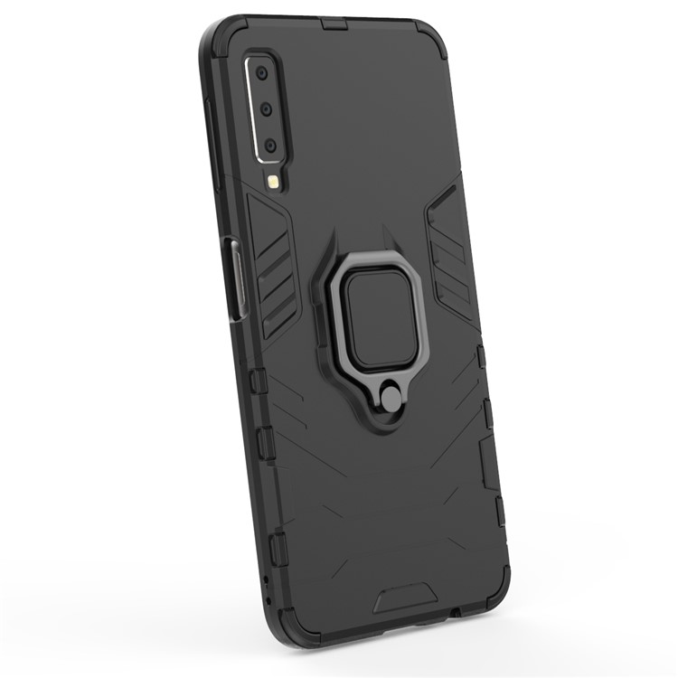 Cool Guard Ring Holder Kickstand PC TPU Hybrid Case Para Samsung Galaxy A7 (2018) - Negro