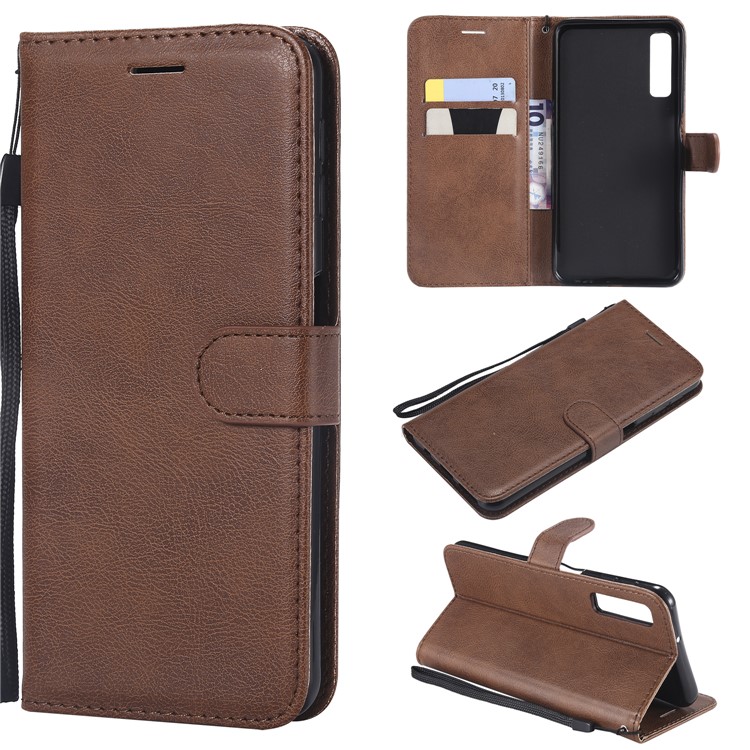 

For Samsung Galaxy A7 (2018) A750 Solid Color PU Leather Phone Shell Wallet Stand Case Cover - Brown, Galaxy A7 (2018)